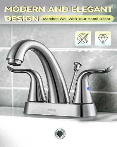 WOWOW Bathroom Faucet 2 Handle 4 Inch Centerset Bathroom Sink Faucet, Lead-Free Basin Mixer Tap with Lift Rod Drain Stopper, 2 Handle Centerset Lavatory Brushed Nickel Vanity Faucet - Image 2