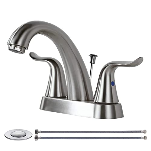 WOWOW Bathroom Faucet 2 Handle 4 Inch Centerset Bathroom Sink Faucet, Lead-Free Basin Mixer Tap with Lift Rod Drain Stopper, 2 Handle Centerset Lavatory Brushed Nickel Vanity Faucet - Image 1