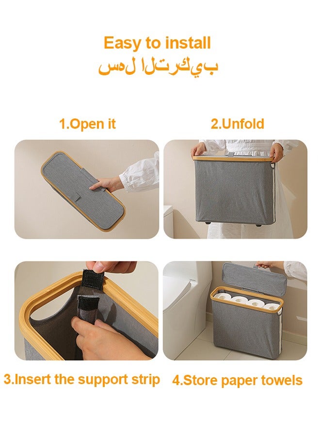 فن كوخ تخزين لفائف المرحاض ، تخزين ورق التواليت ، سلة ورق التواليت المصنوعة من الخيزران ل 12 ميجا لفات ، سلة تخزين الحمام ، البيج - Image 3
