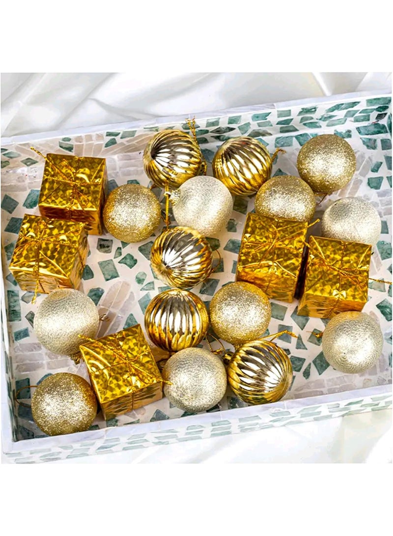 Happy Hugs Christmas Tree Ornaments Set, Gold and Silver Baubles, 20-Piece Decorative Holiday Collection with Glitter Balls and Gift Box Designs - Image 2