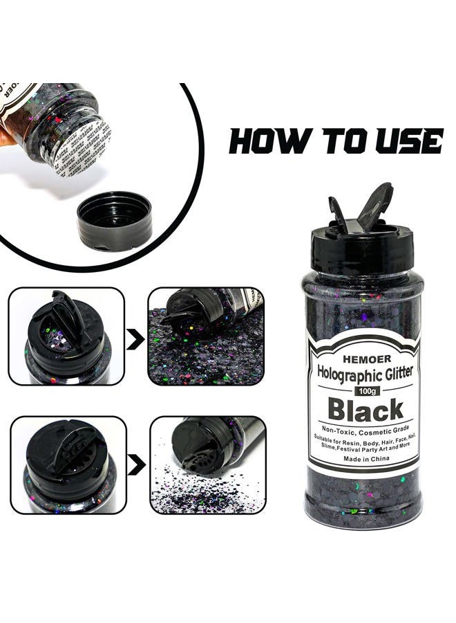HEMOER بريق أسود 100غ/3.5 أونصة لامع هولوجرافي، مجموعة بريق تجميلية للحرف اليدوية للرسم، الجسم، الشعر، الوجه، الأظافر، سلايم، حفلات الفن والمزيد - Image 3