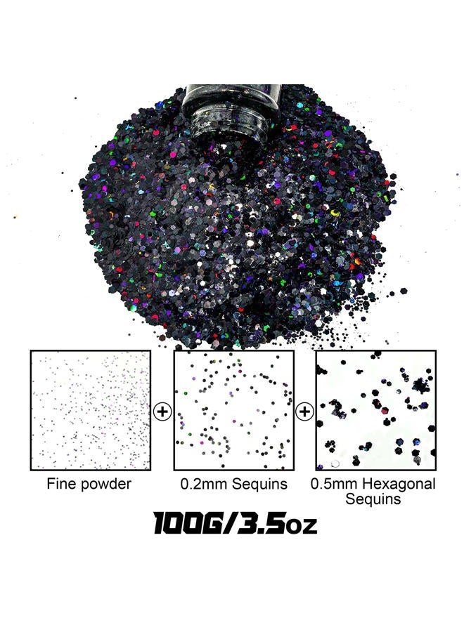 HEMOER بريق أسود 100غ/3.5 أونصة لامع هولوجرافي، مجموعة بريق تجميلية للحرف اليدوية للرسم، الجسم، الشعر، الوجه، الأظافر، سلايم، حفلات الفن والمزيد - Image 4