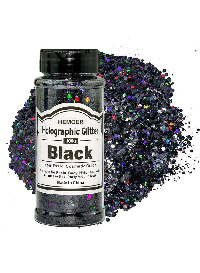 HEMOER بريق أسود 100غ/3.5 أونصة لامع هولوجرافي، مجموعة بريق تجميلية للحرف اليدوية للرسم، الجسم، الشعر، الوجه، الأظافر، سلايم، حفلات الفن والمزيد - Image 1