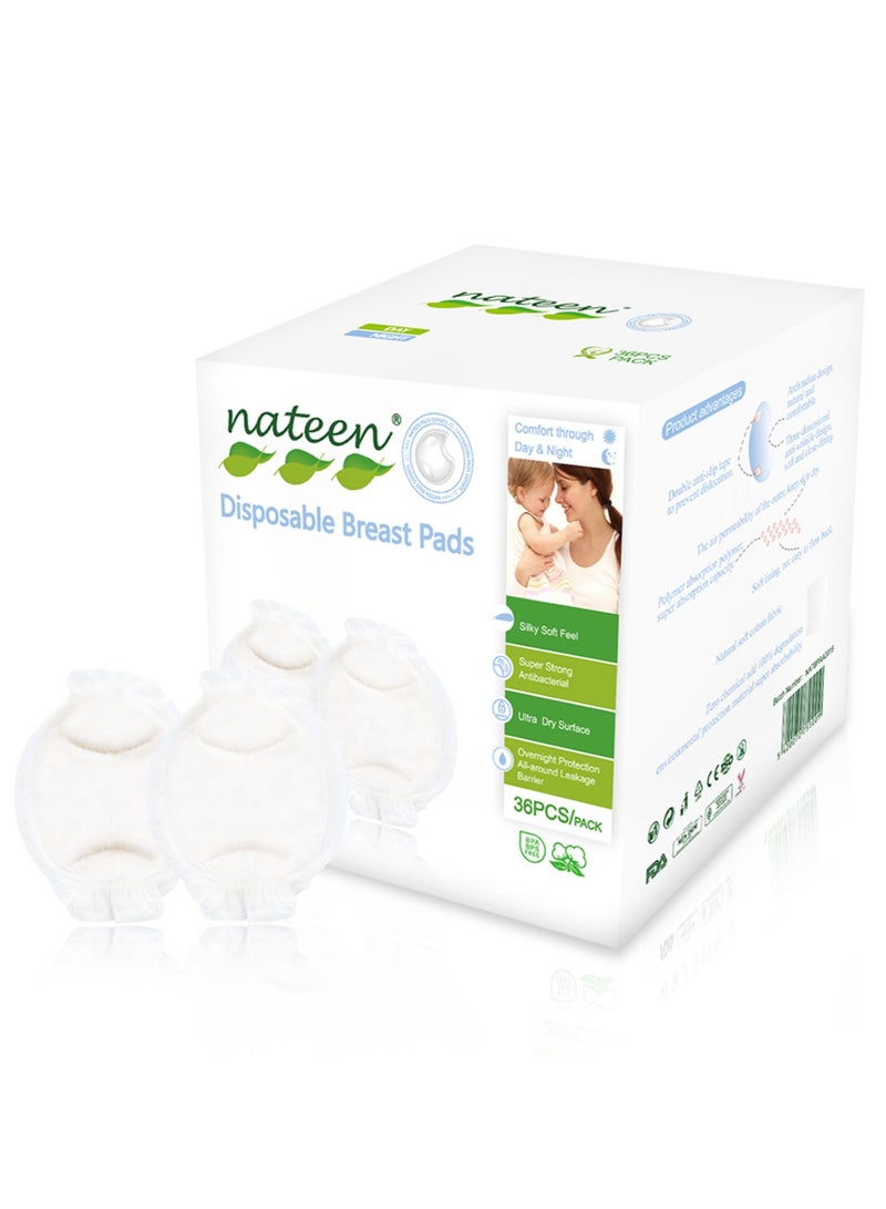 nateen وسادة صدر ناتين القابلة للاستخدام مرة واحدة، ناعمة كالحرير وجافة للغاية، وسادات رضاعة قابلة للتنفس للأمهات المرضعات، مضادة للتسرب، مريحة طوال اليوم والليل، 36 قطعة. - Image 1