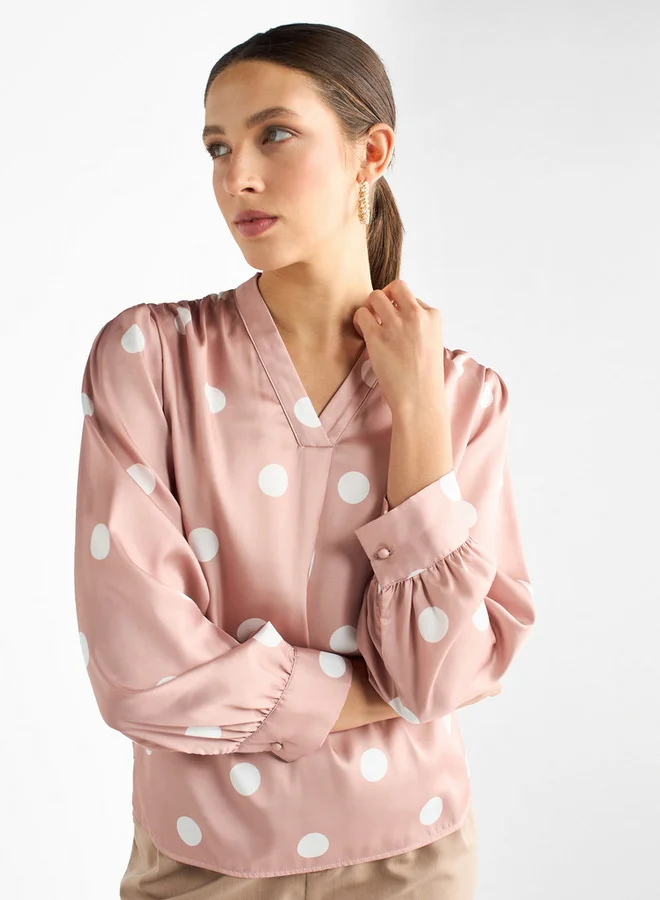 Splash FAV All-Over Polka Dot Print V-neck Top with Long Sleeves