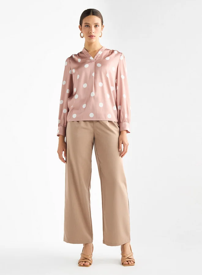 Splash FAV All-Over Polka Dot Print V-neck Top with Long Sleeves