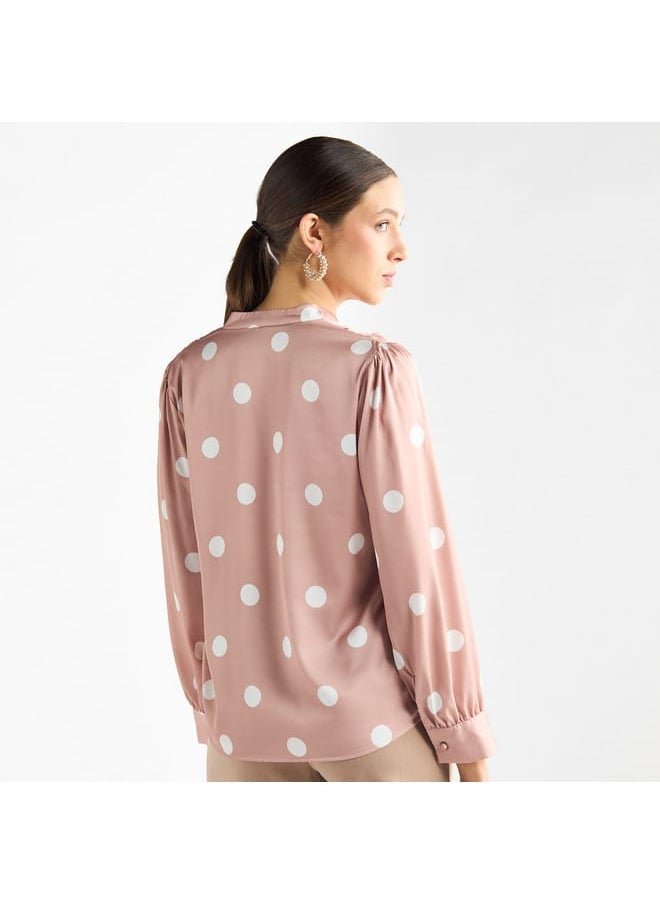 FAV All-Over Polka Dot Print V-neck Top with Long Sleeves  - Image 3