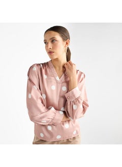 All-Over Polka Dot Print V-neck Top with Long Sleeves