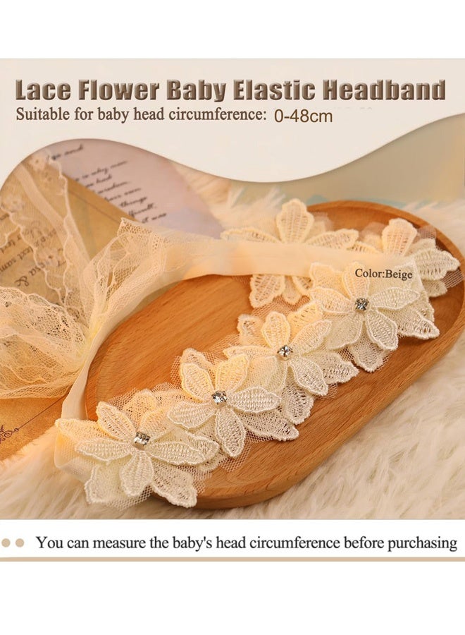 Baby Girls Flower Headbands Cute Kids Christening Headband Soft Lace Hairbands Floral Crown Newborn Infant Toddlers Hair Accessories for Birthday Party Photography White Rhinestones Pearl - Image 5