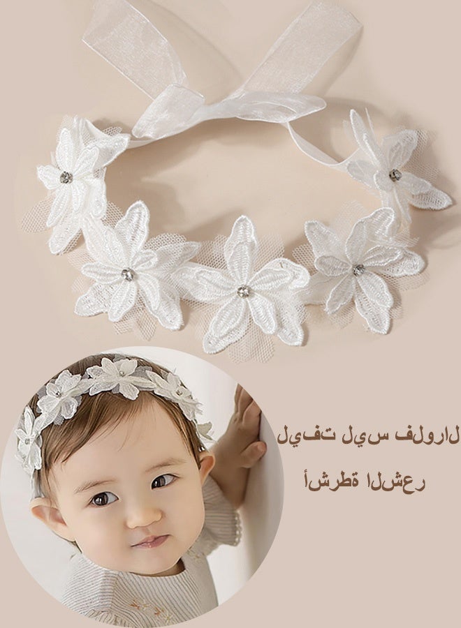 Baby Girls Flower Headbands Cute Kids Christening Headband Soft Lace Hairbands Floral Crown Newborn Infant Toddlers Hair Accessories for Birthday Party Photography White Rhinestones Pearl - Image 1