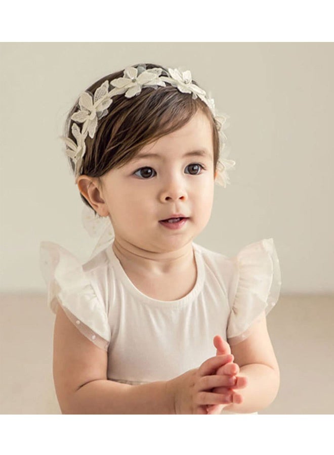 Baby Girls Flower Headbands Cute Kids Christening Headband Soft Lace Hairbands Floral Crown Newborn Infant Toddlers Hair Accessories for Birthday Party Photography White Rhinestones Pearl - Image 4