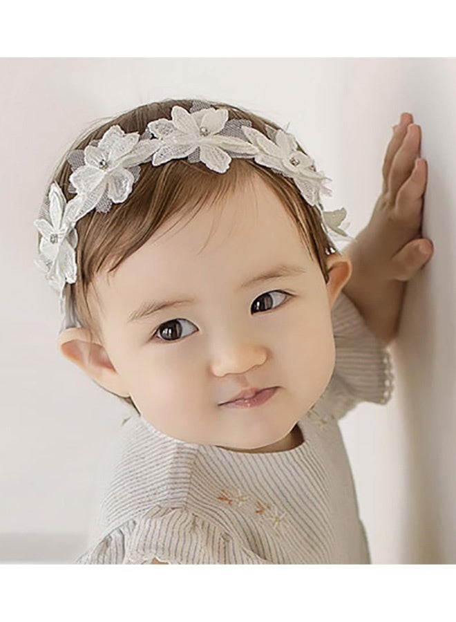 Baby Girls Flower Headbands Cute Kids Christening Headband Soft Lace Hairbands Floral Crown Newborn Infant Toddlers Hair Accessories for Birthday Party Photography White Rhinestones Pearl - Image 2