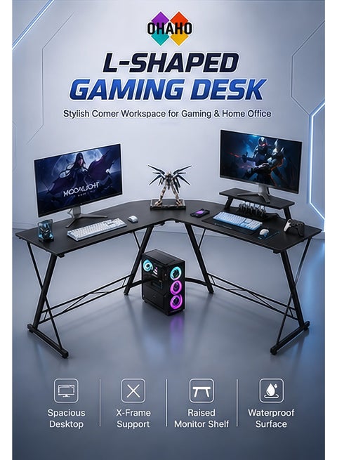 L-Shaped Gaming Table Computer Corner Desk, L Shaped Home Office Desk, Large Gaming Desk Sturdy Writing Desk Writing Workstation, Simple Modern Gaming Desk (Black, 51inch)
