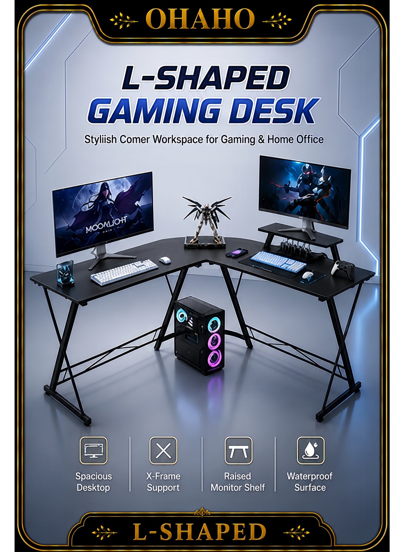 L-Shaped Gaming Table Computer Corner Desk, L Shaped Home Office Desk, Large Gaming Desk Sturdy Writing Desk Writing Workstation, Simple Modern Gaming Desk (Black, 51inch)