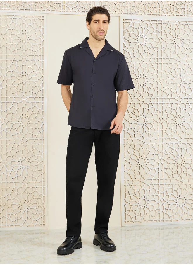Styli Styli Premium Stretch Poplin Cuban Collar Shirt with Metal Collar Tip Detail