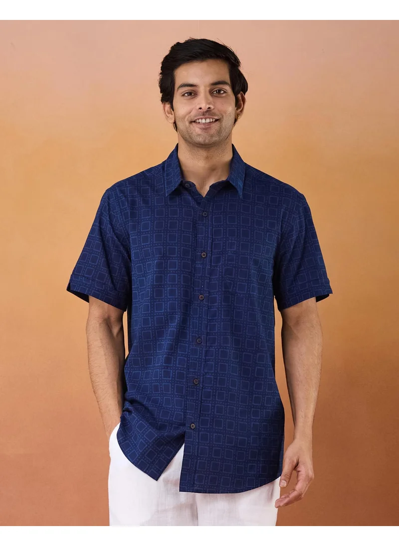 Fabindia Indigo Cotton Dabu Printed Shirt