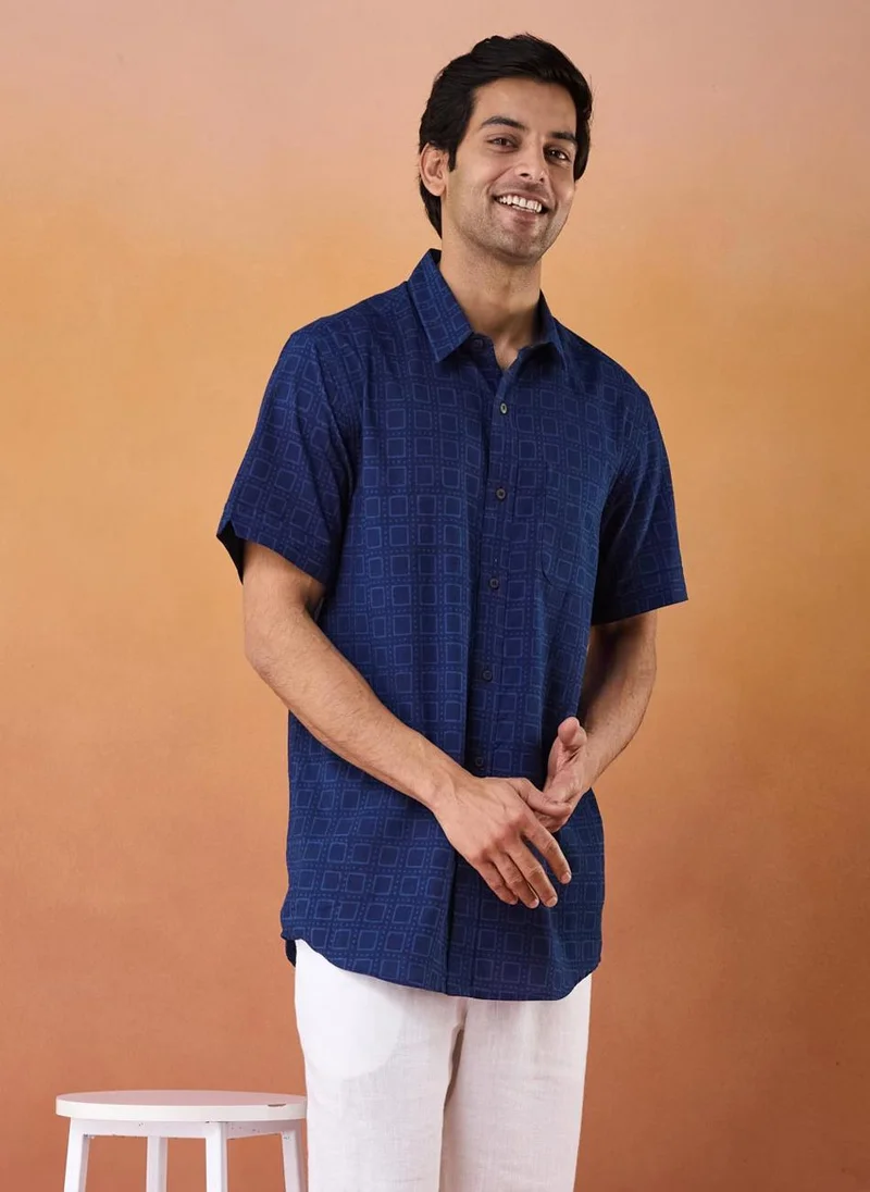 فاب انديا Indigo Cotton Printed Shirt