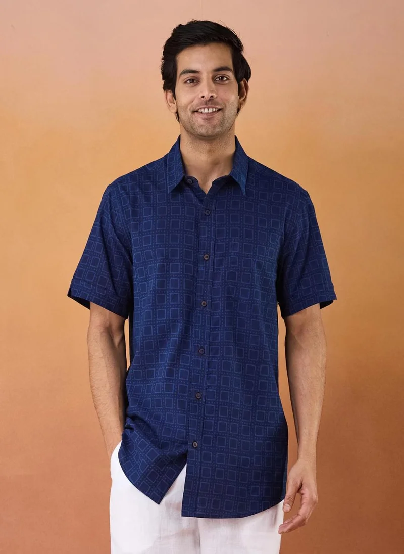 فاب انديا Indigo Cotton Printed Shirt