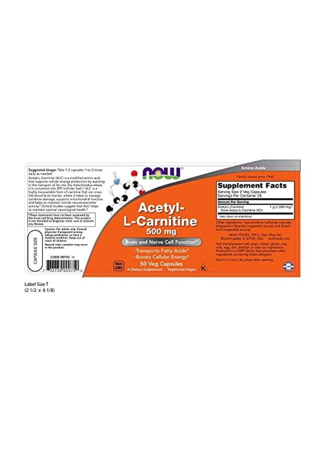 Now Foods Acetyl-L Carnitine 500mg - 50 Veg Capsules - Image 2