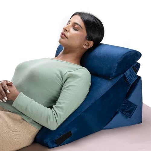 Wakefit Wedge Cushion | 1 Year Warranty | Back Support Pillow for Bed, Memory Foam Leg Pillow with Headrest for Sitting, Acid Reflux & Sleeping | Dark Blue - Image 1