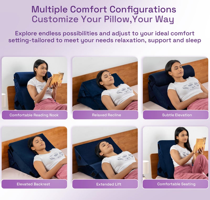 Wakefit Wedge Cushion | 1 Year Warranty | Back Support Pillow for Bed, Memory Foam Leg Pillow with Headrest for Sitting, Acid Reflux & Sleeping | Dark Blue - Image 4