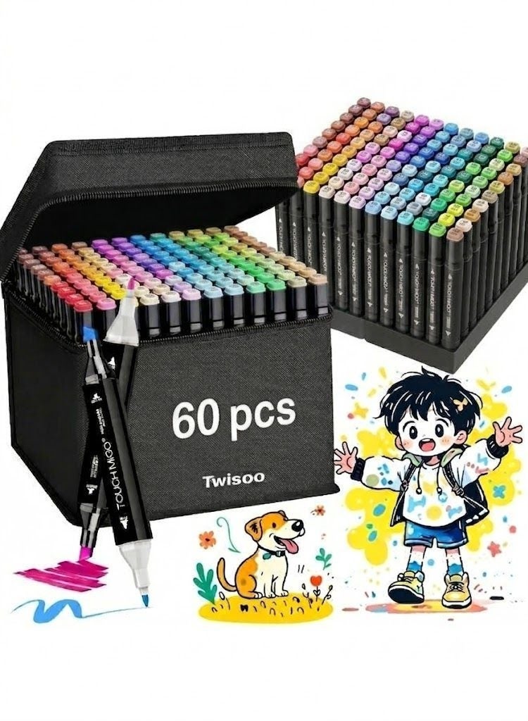 Twisoo Dual Tip Art Markers with Carrying Case – Odorless & Non-Toxic Twin Head Permanent Colouring Marker Pens for Kids, Adults & Beginners for Painting, Sketching, Drawing, Calligraphy (60 Pcs) - Image 1