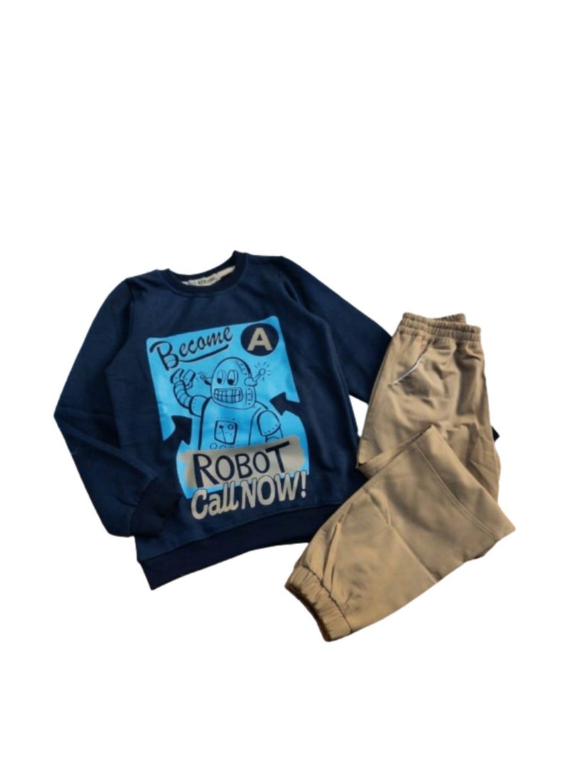 Boys' set of navy blue T-shirt and havana pants - Image 2