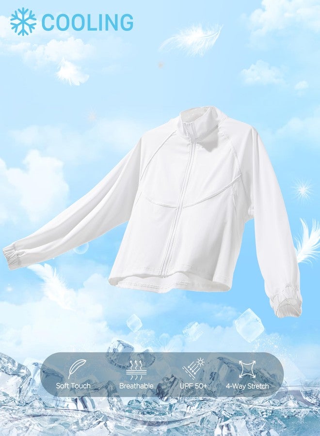 Soothfeel Women's Athletic workout Jacket Lightweight UPF 50+ Long Sleeve Sun Protection Shirts Zip Up Cropped Hiking Tops (White, M) - Image 4