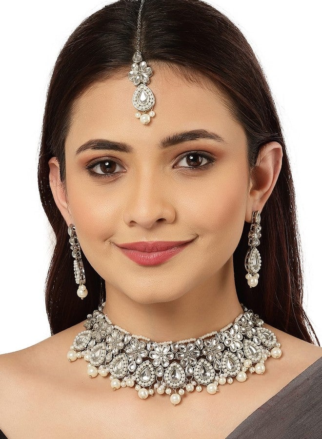 كارات كارت طقم عقد تشوكر من كارات كارت للنساء، مصنوع من الفضة المؤكسدة، مرصع بخرز اللؤلؤ والكوندان - Image 2