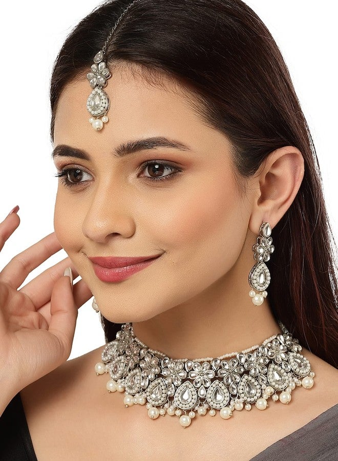 كارات كارت طقم عقد تشوكر من كارات كارت للنساء، مصنوع من الفضة المؤكسدة، مرصع بخرز اللؤلؤ والكوندان - Image 3