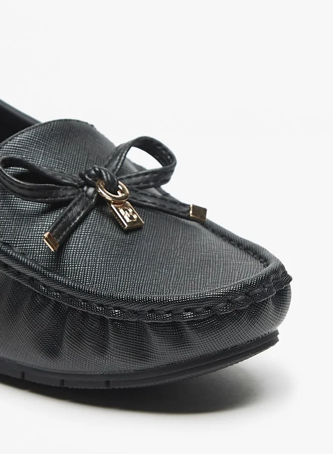 Flora Bella By Shoexpress Textured Slip-On Loafers with Wedge Heels and Bow Accent