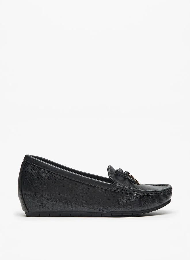 Flora Bella By Shoexpress Textured Slip-On Loafers with Wedge Heels and Bow Accent