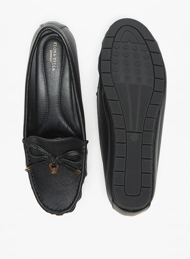 Flora Bella By Shoexpress Textured Slip-On Loafers with Wedge Heels and Bow Accent