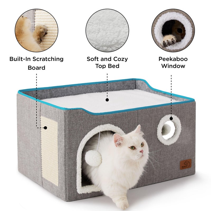 Bedsure Large Cat Beds for Indoor Cats - Extra Wide Cat Cube House for Small Pet with Fluffy Ball Hanging and Scratch Pad, Foldable Pet Cave Hideaway for Multiple Cats, 23.6x16.9x13 inches, Grey - Image 5