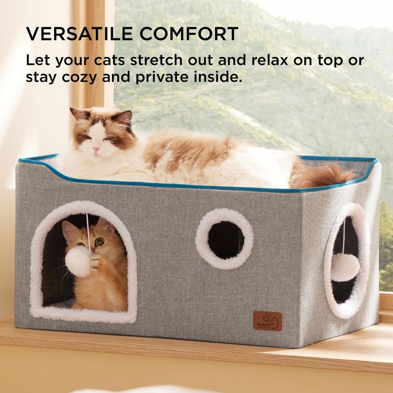 Bedsure Large Cat Beds for Indoor Cats - Extra Wide Cat Cube House for Small Pet with Fluffy Ball Hanging and Scratch Pad, Foldable Pet Cave Hideaway for Multiple Cats, 23.6x16.9x13 inches, Grey - Image 3