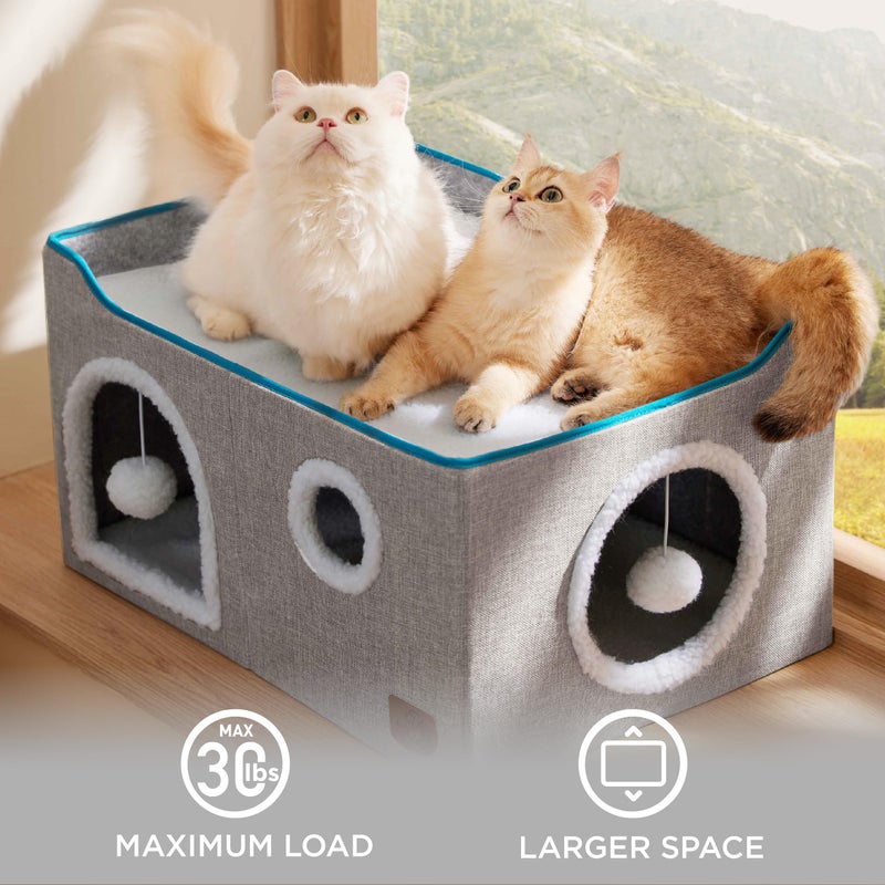 Bedsure Large Cat Beds for Indoor Cats - Extra Wide Cat Cube House for Small Pet with Fluffy Ball Hanging and Scratch Pad, Foldable Pet Cave Hideaway for Multiple Cats, 23.6x16.9x13 inches, Grey - Image 4