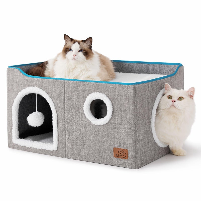 Bedsure Large Cat Beds for Indoor Cats - Extra Wide Cat Cube House for Small Pet with Fluffy Ball Hanging and Scratch Pad, Foldable Pet Cave Hideaway for Multiple Cats, 23.6x16.9x13 inches, Grey - Image 1