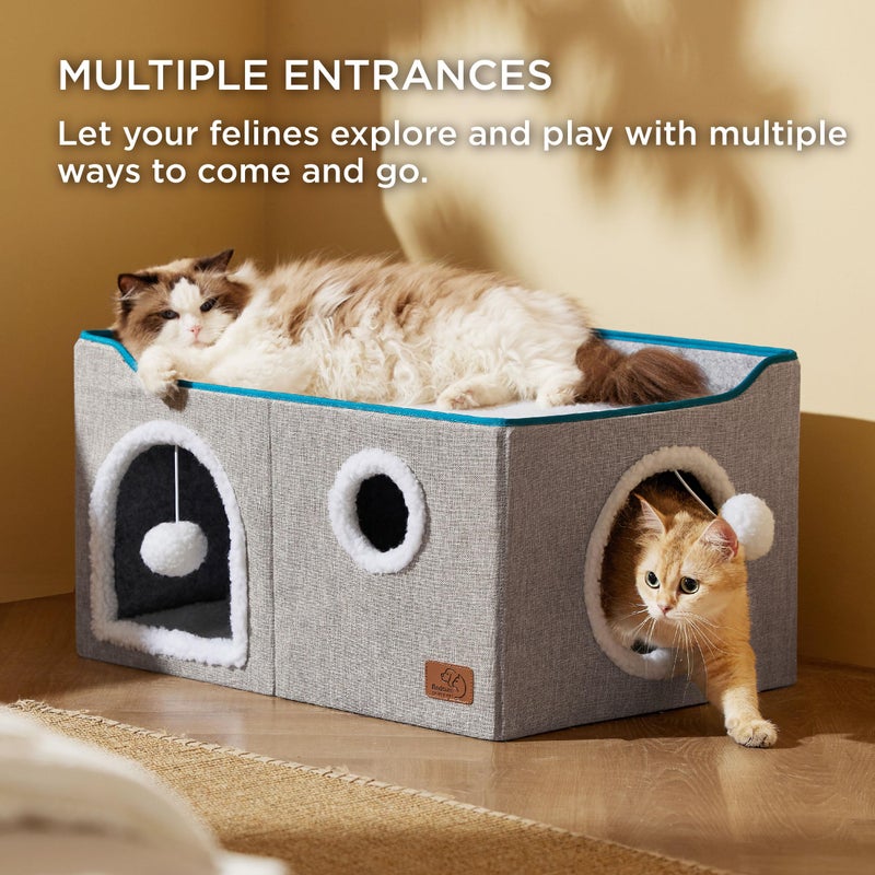 Bedsure Large Cat Beds for Indoor Cats - Extra Wide Cat Cube House for Small Pet with Fluffy Ball Hanging and Scratch Pad, Foldable Pet Cave Hideaway for Multiple Cats, 23.6x16.9x13 inches, Grey - Image 2
