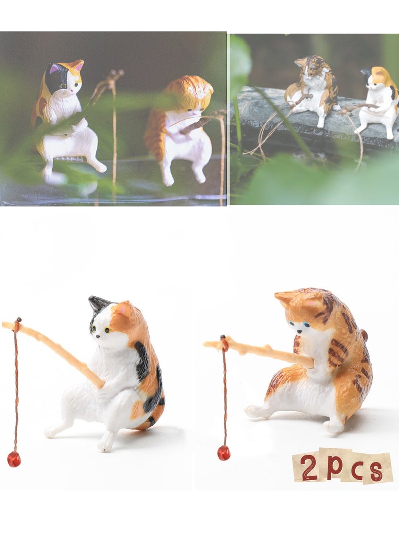 Generic 2pcs Resin fish tank decoration landscape scene cute fishing cat statue figurine decoration aquarium decoration miniature animal toy aquarium decoration theme decoration  - Image 1