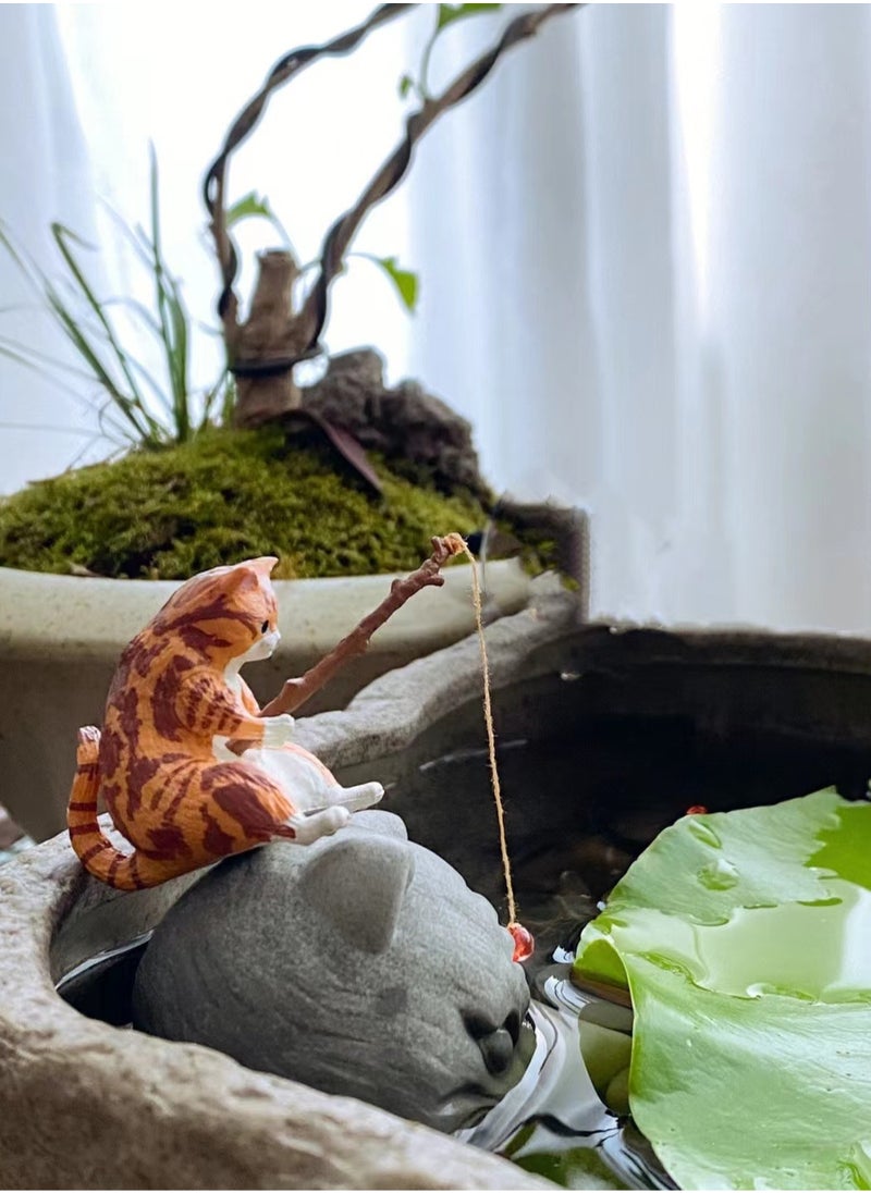 Generic 2pcs Resin fish tank decoration landscape scene cute fishing cat statue figurine decoration aquarium decoration miniature animal toy aquarium decoration theme decoration  - Image 3