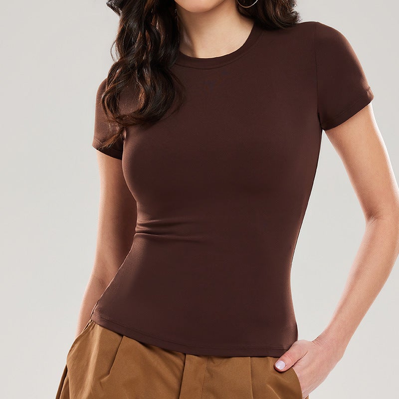 -Style Solid Color Short-Sleeve Regular Shoulder T-Shirt for Women, Naked-Feel Quick-Dry Yoga Wear, Slim-Fit, Slimming Sports Fitness Running Top - Image 2