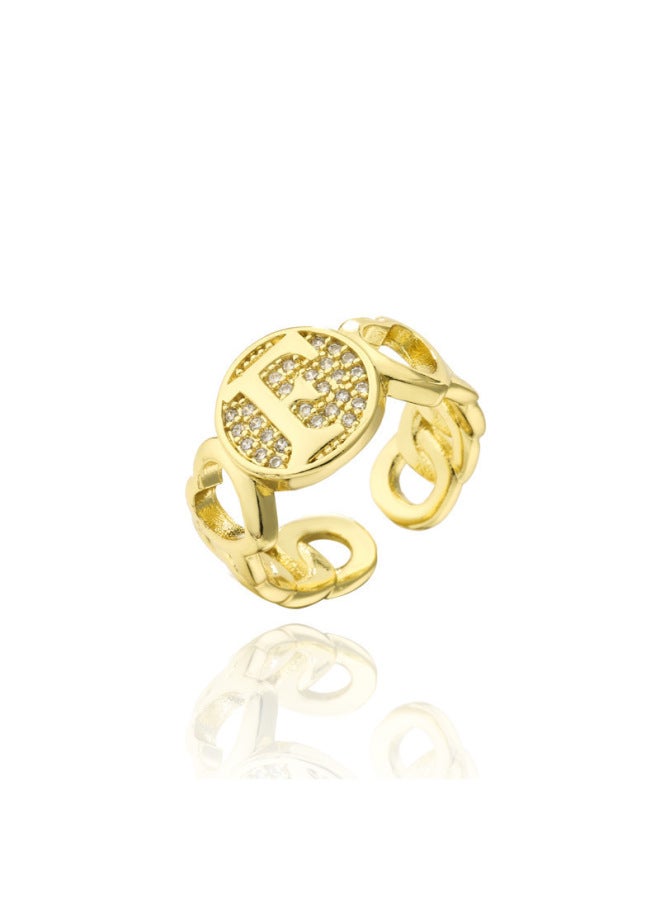 New Light Luxury Copper Inlaid Zircon 18k Real Gold Heart Smooth Letter Adjustable Ring Versatile Personality Ring