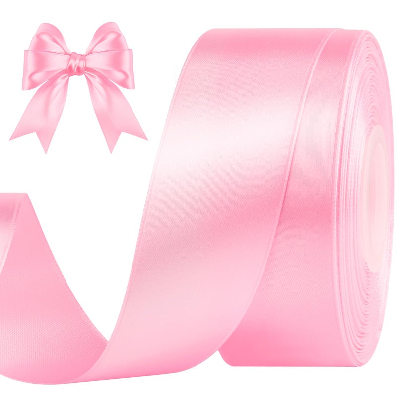 CLUEWR 112 Inches 50 Yards Pink Satin Ribbon Solid Fabric Ribbon Roll for Flower Bouquets Gift Wrapping Wedding Handmade Crafts