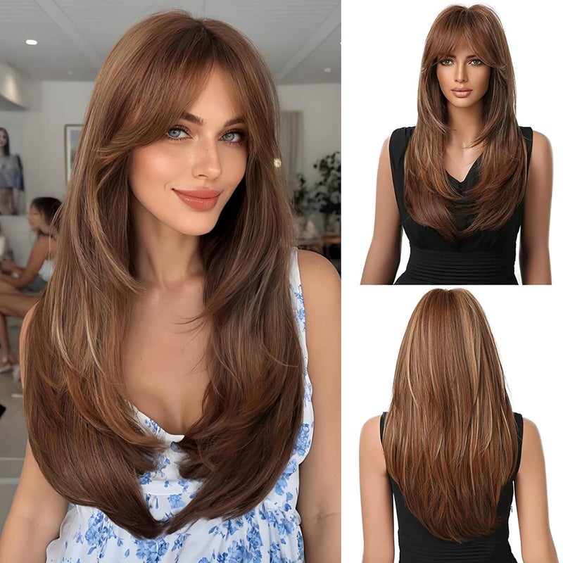 باروكة إسمى الطويلة المستقيمة البنية للنساء مع خصلات طبيعية وباروكة شعر صناعي بطبقات مع غرة للاستخدام اليومي وحفلات الكوسبلاي بطول 20 بوصة