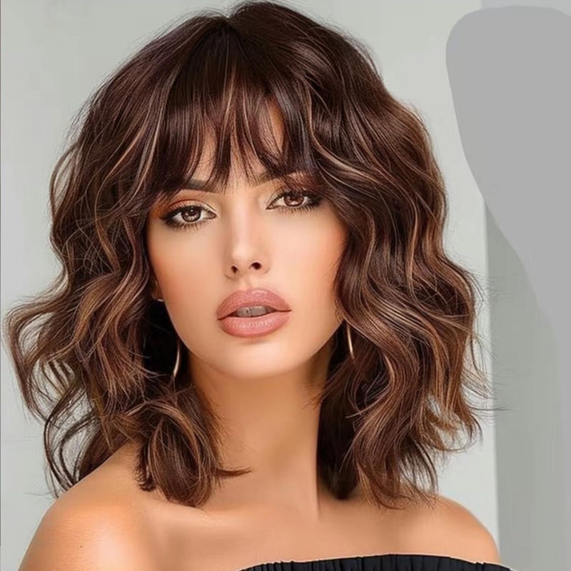 Lativ باروكة لاتف بني مميزة للنساء، قصيرة، مموجة، ومجعدة، بوب مع غرة، بطول الكتف 14 بوصة، شعر صناعي للاستخدام اليومي والحفلات. - Image 1
