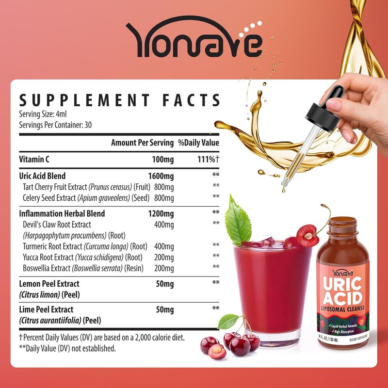 Yonrave Liposomal Uric Acid Drops Tart Cherry Supplement with Celery Seed  Boswellia Extract  Muscle Detox Joint and Kidney Uric Acid Cleanse Liquid Supplement 4 FL OZ 1 Bottle - Image 2