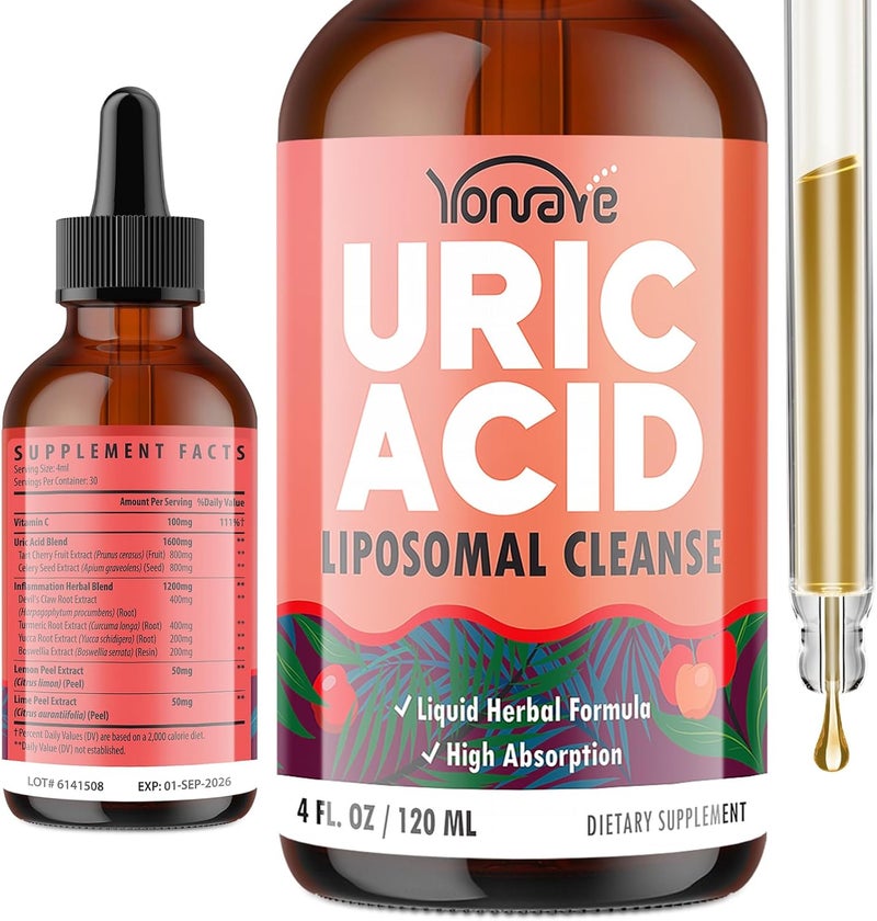 Yonrave Liposomal Uric Acid Drops Tart Cherry Supplement with Celery Seed  Boswellia Extract  Muscle Detox Joint and Kidney Uric Acid Cleanse Liquid Supplement 4 FL OZ 1 Bottle - Image 1
