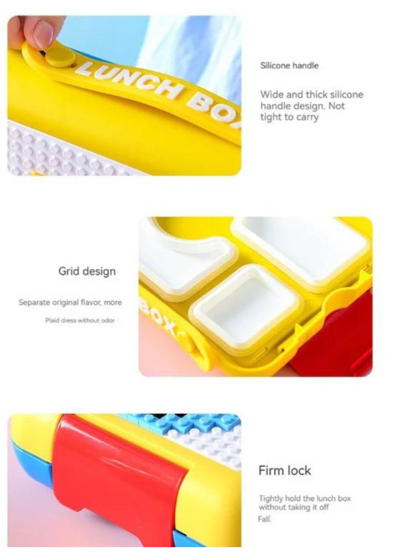 برين جيجلز صندوق غداء BrainGiggles Bento - مانع للتسرب، خالي من مادة BPA، معزول، محكم الغلق - 4 مقصورات (مع مكعبات بناء لتصميم قابل للتخصيص) صندوق بينتو للأولاد والبنات (أصفر) - Image 2