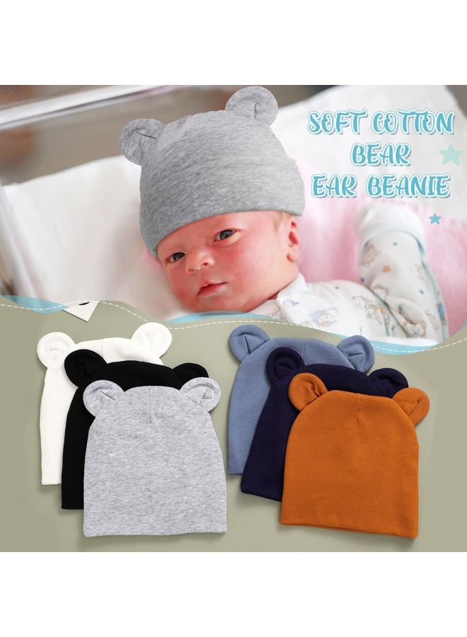 Toulite 6 قطع قبعات قطنية للأطفال الخدج قبعات بيبي لطيفة بأذني دب قبعة مستشفى للأطفال الخدج من الأولاد والبنات، ألوان داكنة، مقاس واحد - Image 3