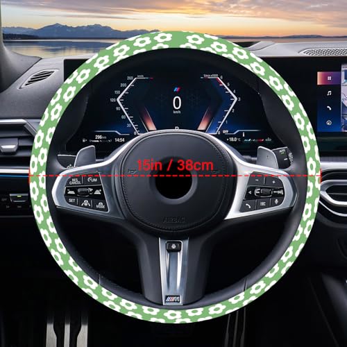 Pcnjozx Car Steering Wheel Cover for Women Men, Non-Slip Breathable Cute Steering Wheel,Green Flowers Steering Wheel Protector, Car Accessories, Universal 14" 02/2-15" Fit Auto, Suvs - Image 2